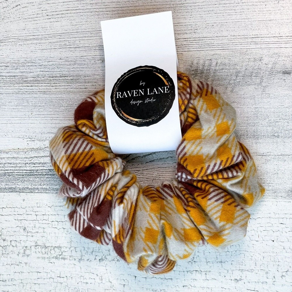 Cream Plaid Flannel Scrunchie | Big Scrunchies Fashion Hair Ties Medium Volume
